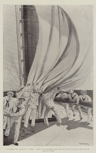 La Copa América, a bordo del Columbia, recogiendo el spinnaker, mostrando cómo se usan las escotillas para guardar la vela